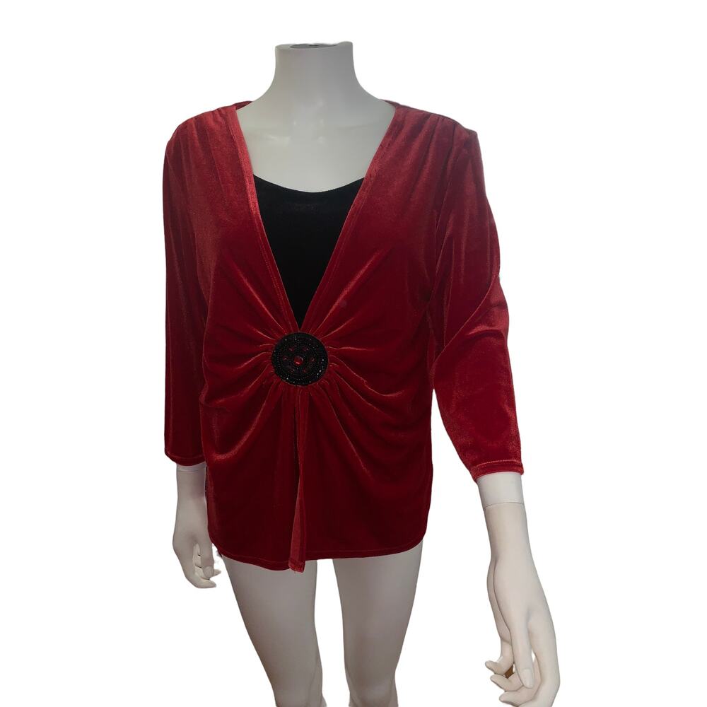 Notations Red / Black Crushed Velvet Formal Dressy Blouse XL